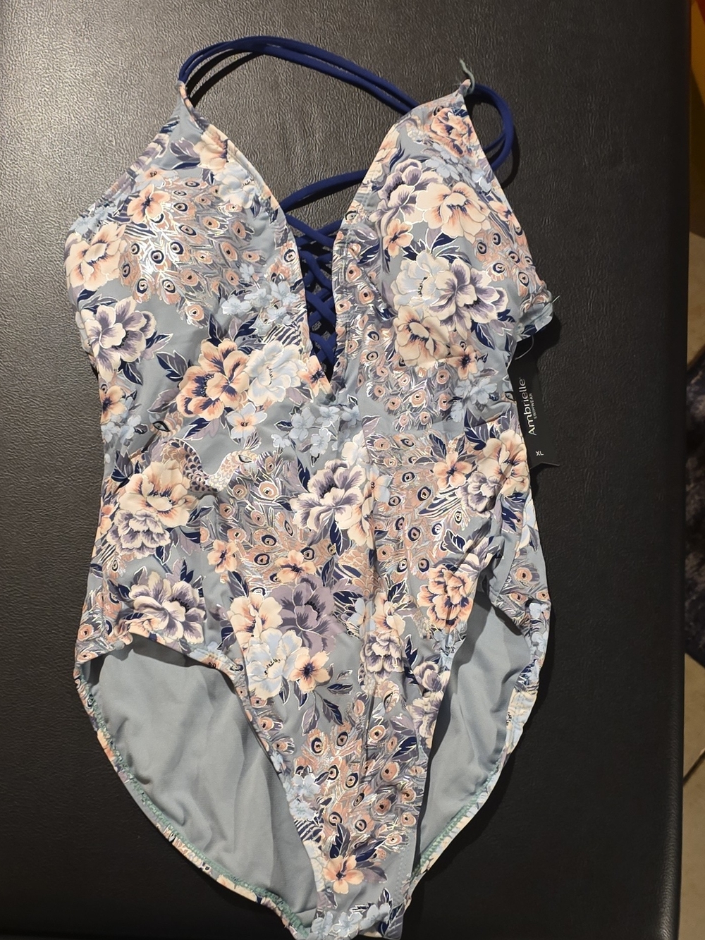 Ambrielle Light Blue Floral One-Piece Swimsuit with Lace-Up Front